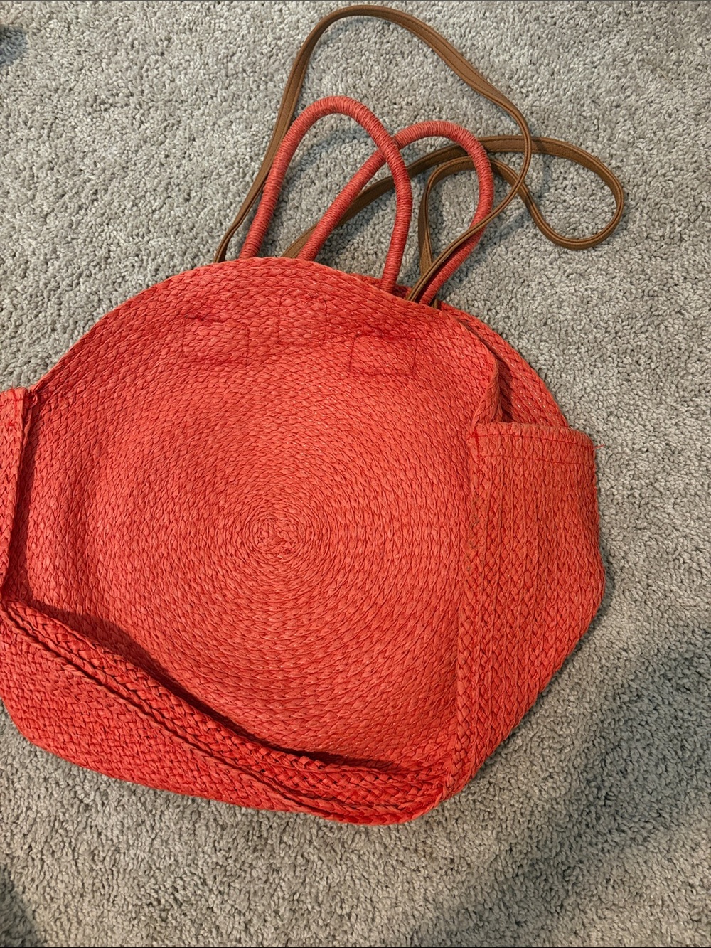 Woven Round Coral Tote Bag with Contrast Straps